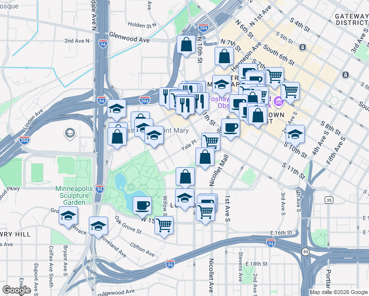 map of restaurants, bars, coffee shops, grocery stores, and more near 13th Street South & Yale Place in Minneapolis