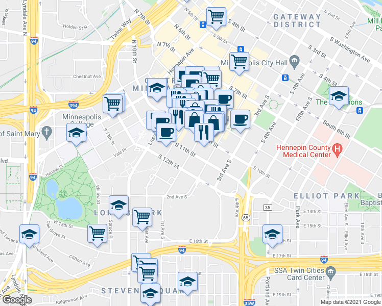 map of restaurants, bars, coffee shops, grocery stores, and more near S 11th St & S Marquette Ave in Minneapolis