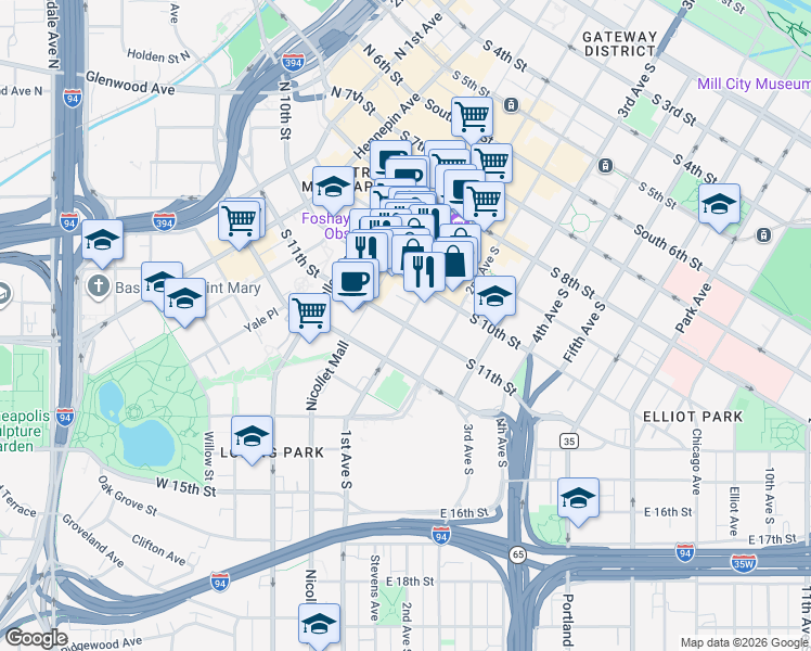 map of restaurants, bars, coffee shops, grocery stores, and more near 11th St S & Marquette Ave in Minneapolis
