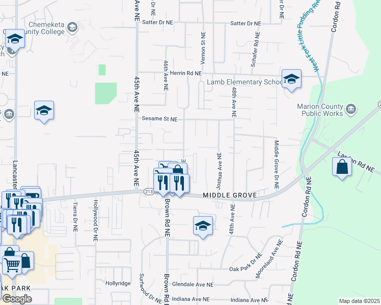 map of restaurants, bars, coffee shops, grocery stores, and more near 4721 Dalke Court Northeast in Salem