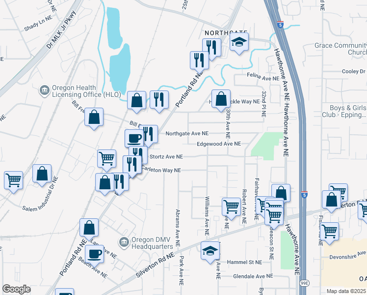 map of restaurants, bars, coffee shops, grocery stores, and more near 2420 Northgate Avenue Northeast in Salem