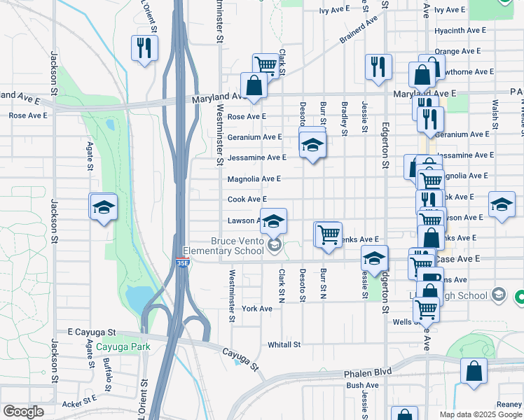 map of restaurants, bars, coffee shops, grocery stores, and more near 395 Cook Avenue in Saint Paul