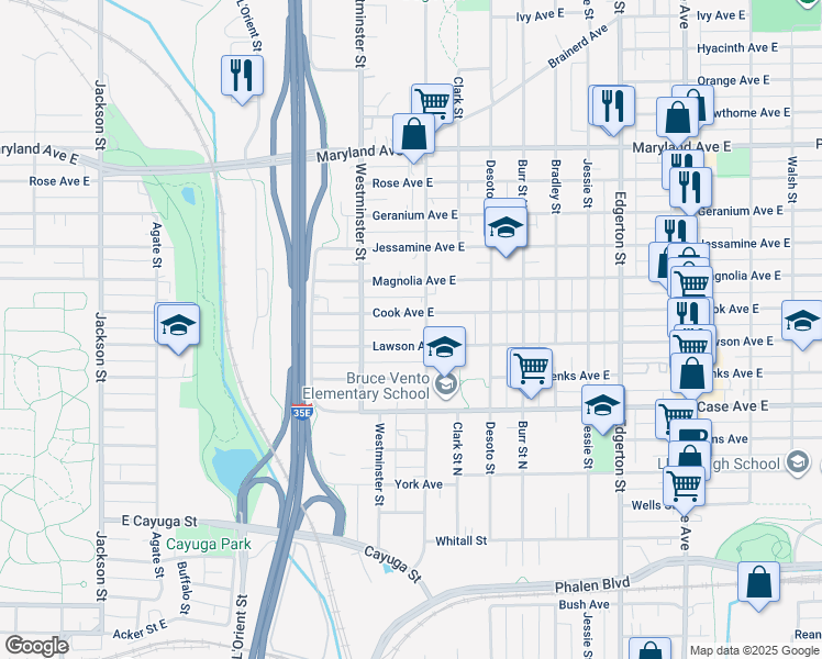 map of restaurants, bars, coffee shops, grocery stores, and more near 395 Cook Avenue in Saint Paul