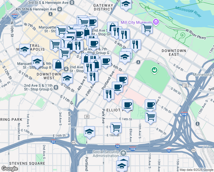 map of restaurants, bars, coffee shops, grocery stores, and more near 705 Portland Avenue in Minneapolis