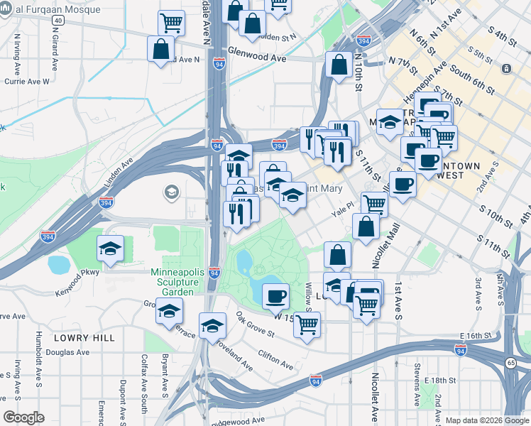 map of restaurants, bars, coffee shops, grocery stores, and more near in Minneapolis