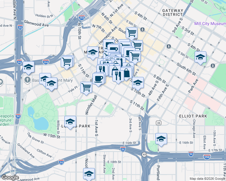 map of restaurants, bars, coffee shops, grocery stores, and more near in Minneapolis