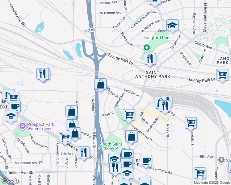 map of restaurants, bars, coffee shops, grocery stores, and more near 1030 Manvel Street in Saint Paul