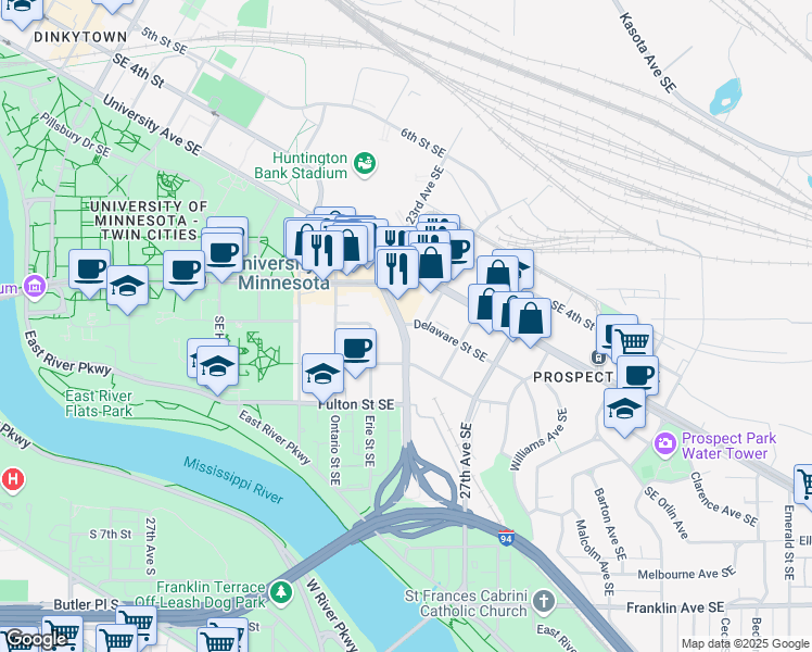 map of restaurants, bars, coffee shops, grocery stores, and more near 1000 Delaware Street Southeast in Minneapolis