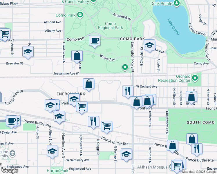 map of restaurants, bars, coffee shops, grocery stores, and more near 1180 Cushing Circle in Saint Paul