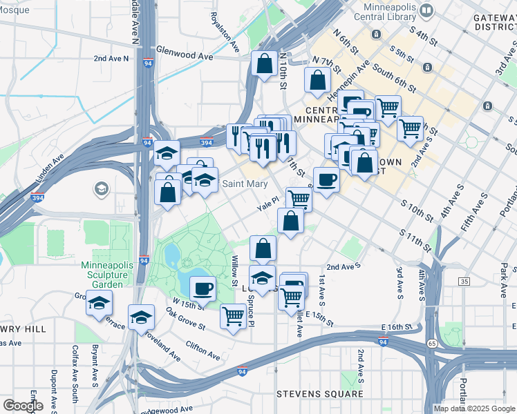 map of restaurants, bars, coffee shops, grocery stores, and more near 1300 Yale Place in Minneapolis