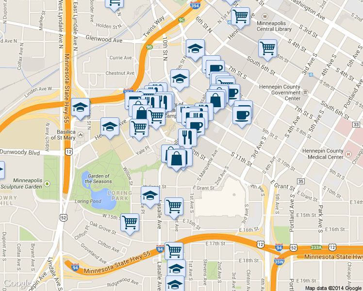 map of restaurants, bars, coffee shops, grocery stores, and more near 1128 Lasalle Avenue in Minneapolis