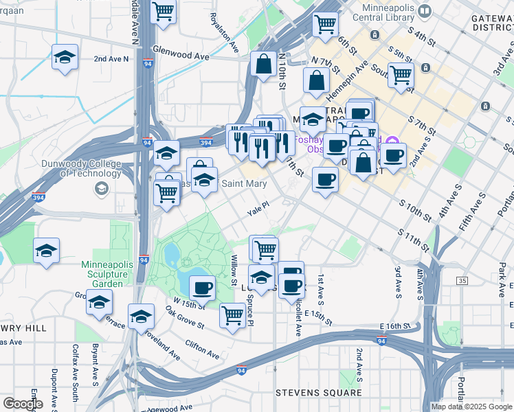 map of restaurants, bars, coffee shops, grocery stores, and more near 1300 Yale Place in Minneapolis