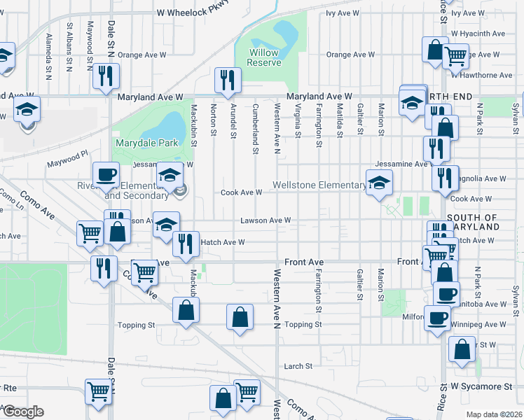 map of restaurants, bars, coffee shops, grocery stores, and more near 1054 Cumberland Street in Saint Paul