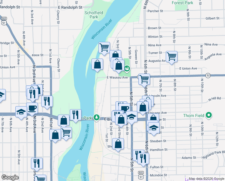 map of restaurants, bars, coffee shops, grocery stores, and more near 2001 North 2nd Street in Wausau