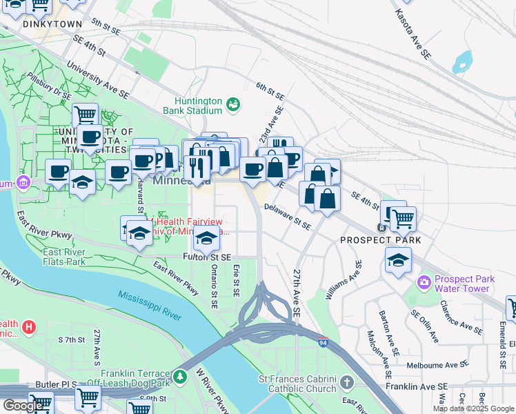 map of restaurants, bars, coffee shops, grocery stores, and more near SE Huron Blvd & Delaware St SE in Minneapolis