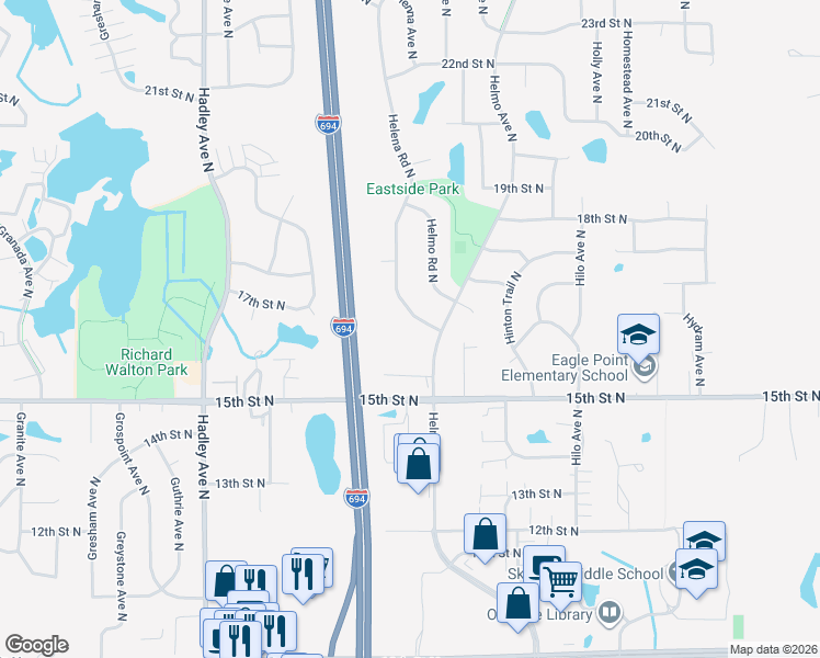 map of restaurants, bars, coffee shops, grocery stores, and more near 1658 Helena Road North in Oakdale