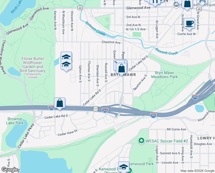 map of restaurants, bars, coffee shops, grocery stores, and more near 432 Cedar Lake Road South in Minneapolis