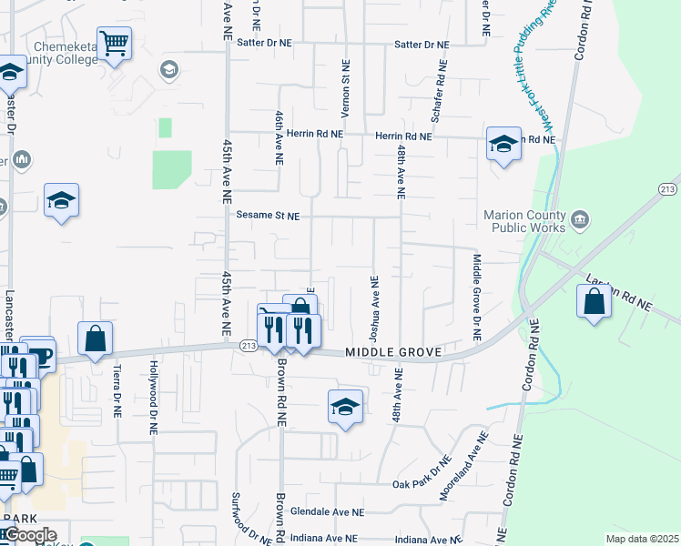 map of restaurants, bars, coffee shops, grocery stores, and more near 4721 Dalke Court Northeast in Salem