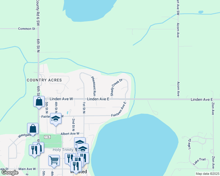 map of restaurants, bars, coffee shops, grocery stores, and more near 520 Shady Creek Drive in Winsted