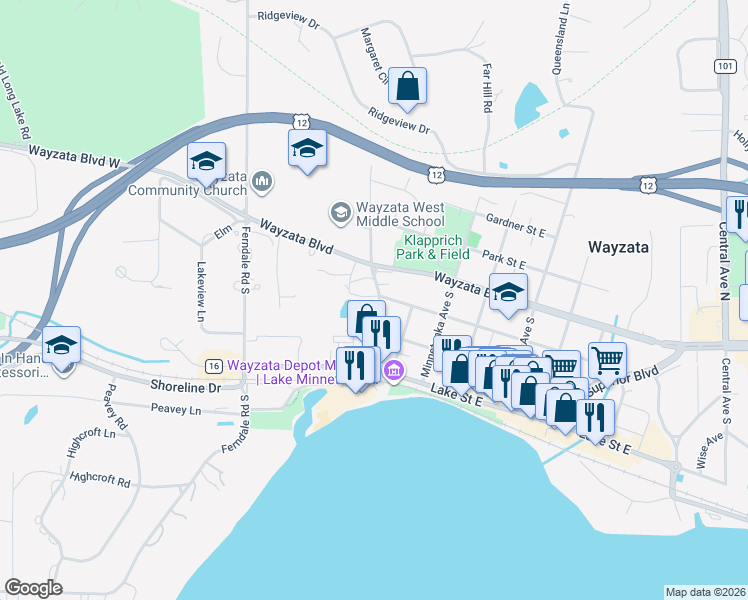 map of restaurants, bars, coffee shops, grocery stores, and more near 215 Barry Avenue South in Wayzata