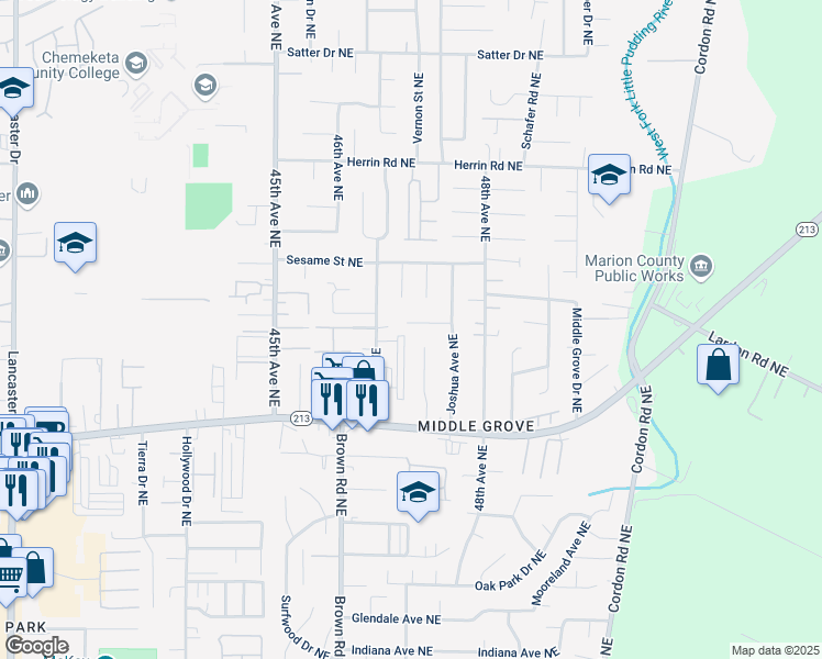 map of restaurants, bars, coffee shops, grocery stores, and more near 4721 Dalke Court Northeast in Salem