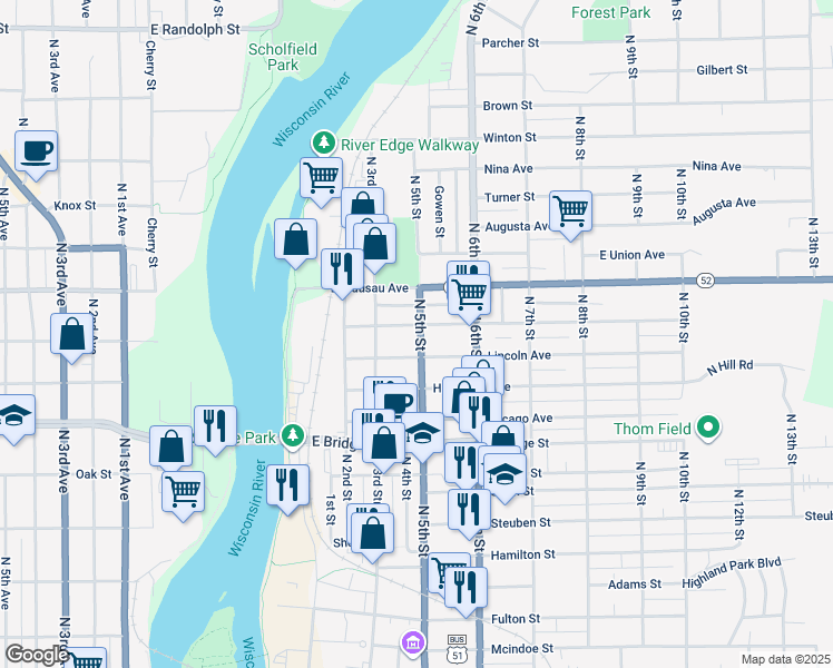map of restaurants, bars, coffee shops, grocery stores, and more near 508 Park Avenue in Wausau