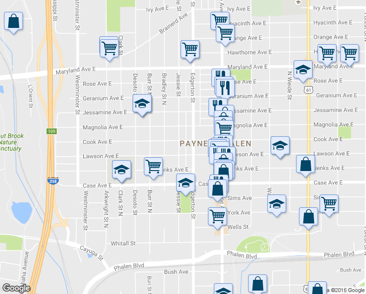 map of restaurants, bars, coffee shops, grocery stores, and more near 1053 Edgerton Street in Saint Paul