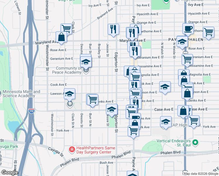 map of restaurants, bars, coffee shops, grocery stores, and more near 1053 Edgerton Street in Saint Paul