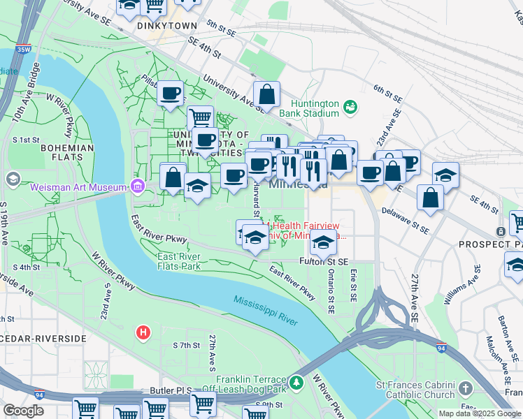 map of restaurants, bars, coffee shops, grocery stores, and more near 659 Delaware Street Southeast in Minneapolis