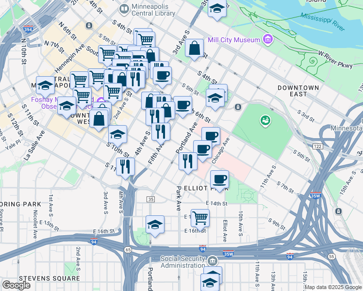 map of restaurants, bars, coffee shops, grocery stores, and more near 510 South 8th Street in Minneapolis