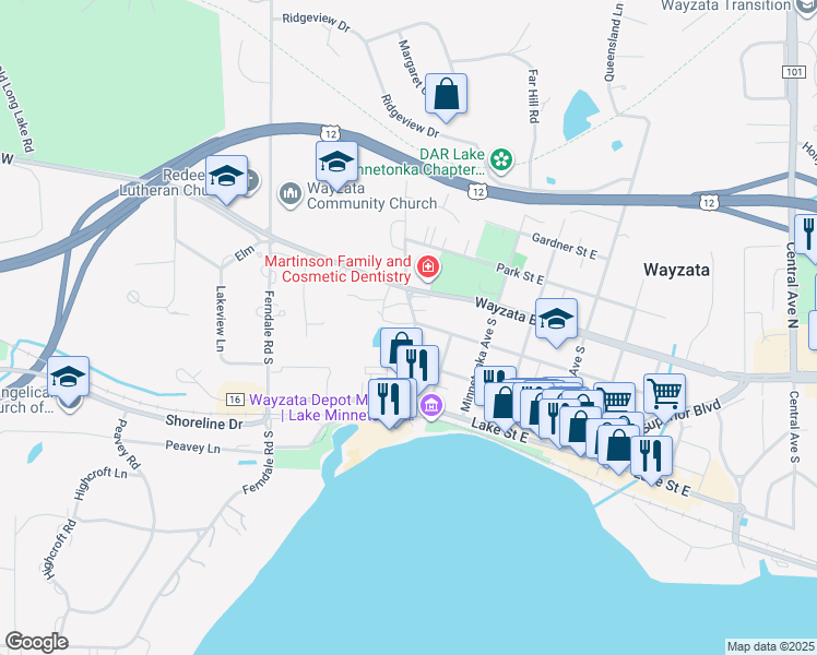 map of restaurants, bars, coffee shops, grocery stores, and more near 215 Barry Avenue South in Wayzata