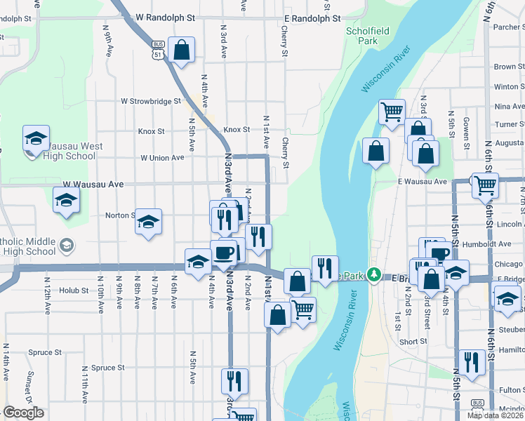 map of restaurants, bars, coffee shops, grocery stores, and more near 816 North 1st Avenue in Wausau