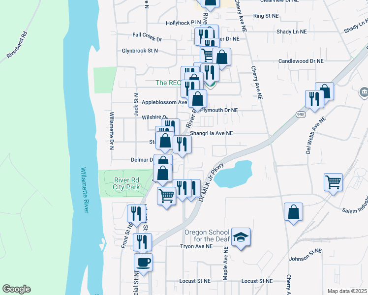map of restaurants, bars, coffee shops, grocery stores, and more near 3208 Broadway Street in Salem