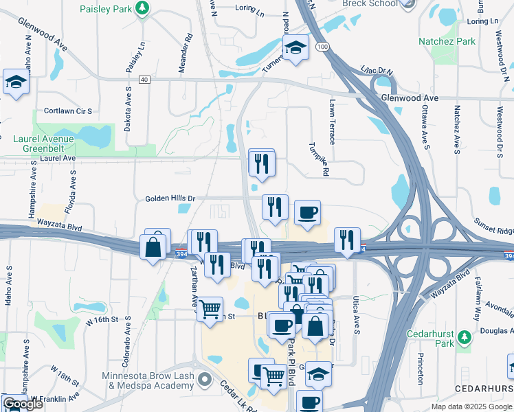 map of restaurants, bars, coffee shops, grocery stores, and more near 901 Xenia Avenue South in Golden Valley