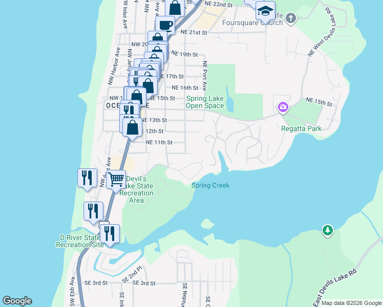 map of restaurants, bars, coffee shops, grocery stores, and more near 1899 Northeast 10th Street in Lincoln City