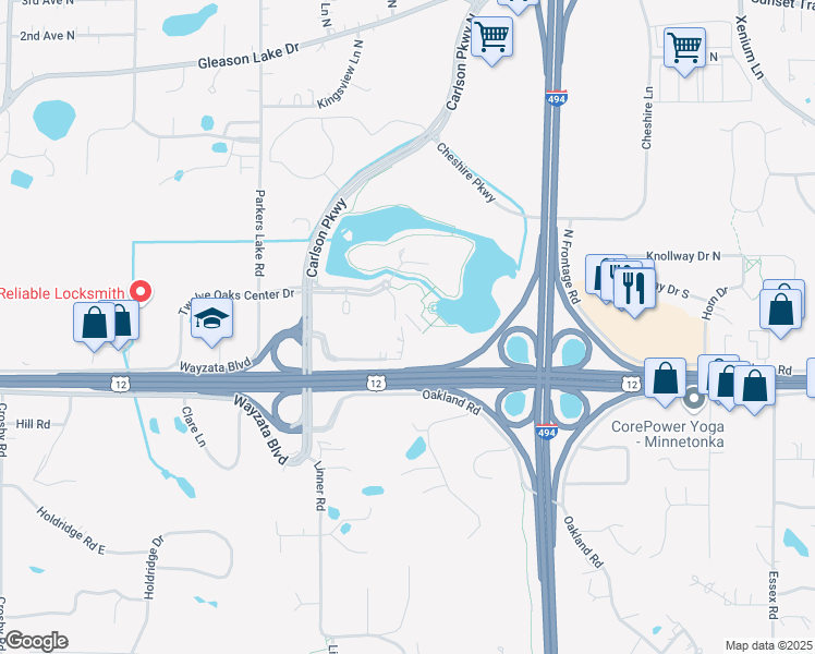 map of restaurants, bars, coffee shops, grocery stores, and more near 701 Carlson Parkway in Hopkins