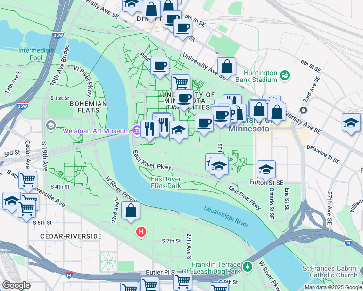 map of restaurants, bars, coffee shops, grocery stores, and more near 420 Delaware Street Southeast in Minneapolis