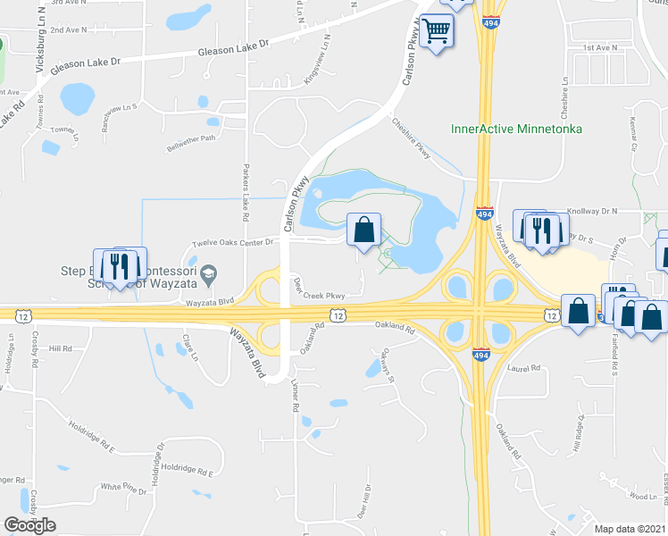 map of restaurants, bars, coffee shops, grocery stores, and more near 701 Carlson Parkway in Hopkins