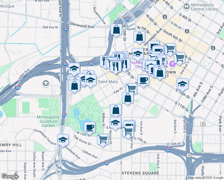 map of restaurants, bars, coffee shops, grocery stores, and more near 20 South 13th Street in Minneapolis