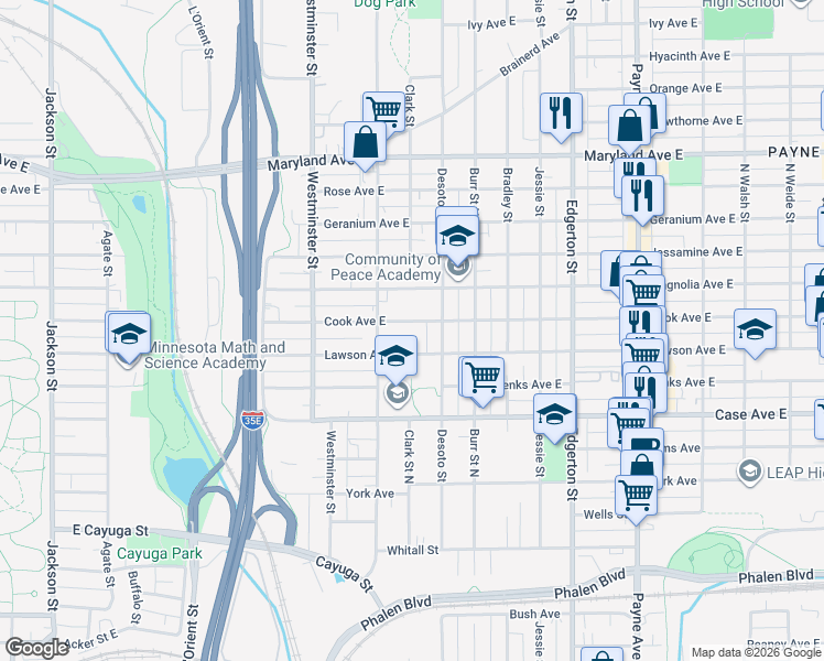map of restaurants, bars, coffee shops, grocery stores, and more near 432 East Cook Avenue in Saint Paul