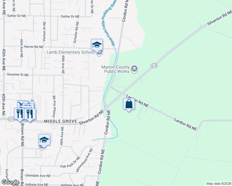 map of restaurants, bars, coffee shops, grocery stores, and more near 5040 Lardon Road Northeast in Salem