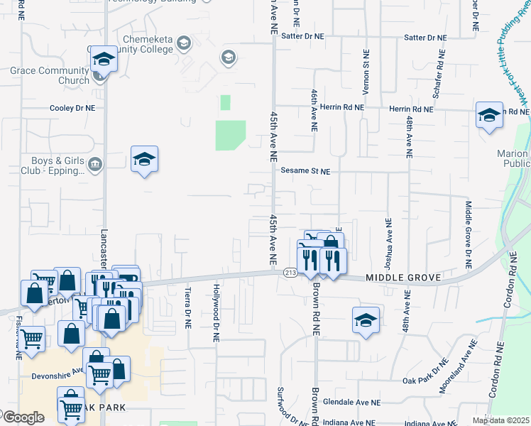 map of restaurants, bars, coffee shops, grocery stores, and more near 4505 Marionberry Way Northeast in Salem
