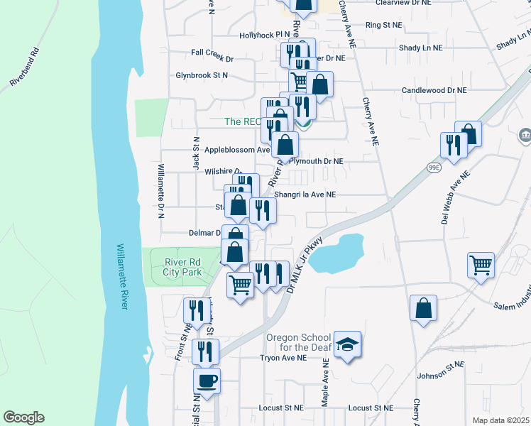 map of restaurants, bars, coffee shops, grocery stores, and more near 3208 Broadway Street in Salem