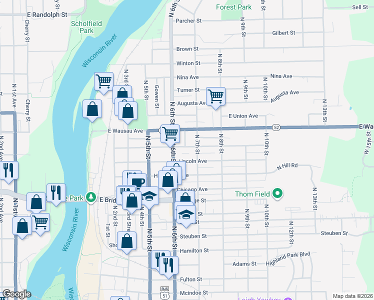 map of restaurants, bars, coffee shops, grocery stores, and more near 622 Park Avenue in Wausau