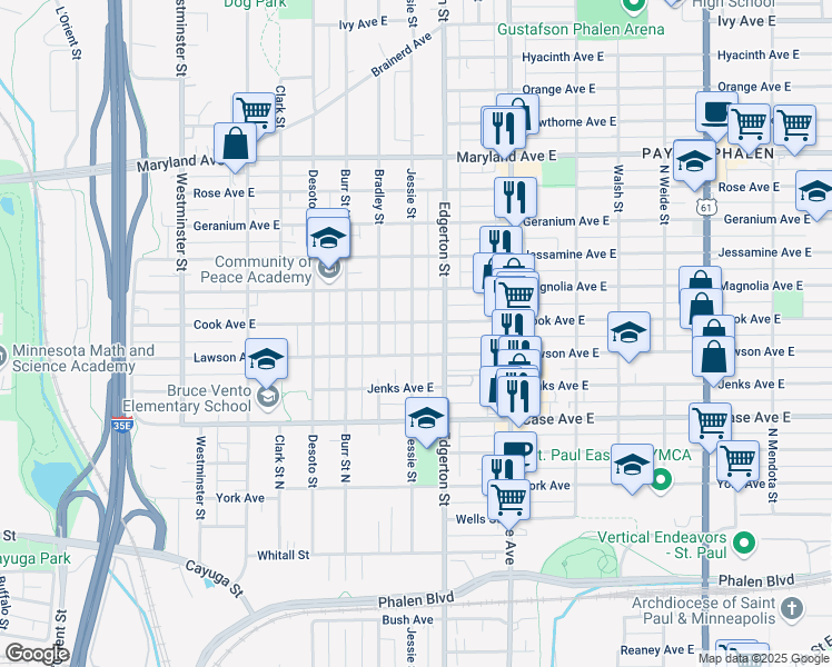 map of restaurants, bars, coffee shops, grocery stores, and more near 1053 Edgerton Street in Saint Paul