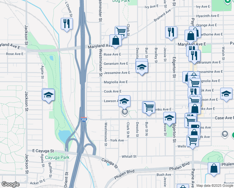 map of restaurants, bars, coffee shops, grocery stores, and more near 395 Cook Avenue in Saint Paul