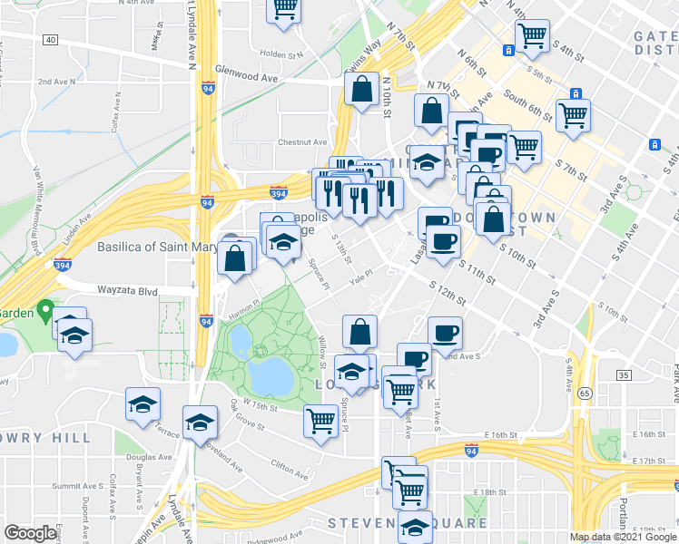 map of restaurants, bars, coffee shops, grocery stores, and more near 20 South 13th Street in Minneapolis