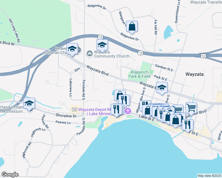 map of restaurants, bars, coffee shops, grocery stores, and more near 215 Barry Avenue in Wayzata
