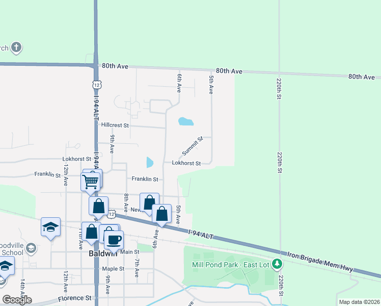 map of restaurants, bars, coffee shops, grocery stores, and more near 555 Summit Street in Baldwin