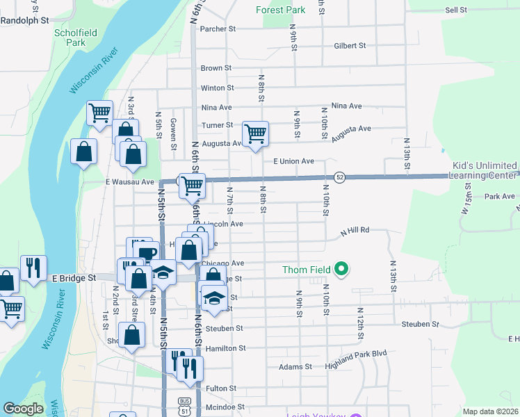map of restaurants, bars, coffee shops, grocery stores, and more near 802 Park Avenue in Wausau